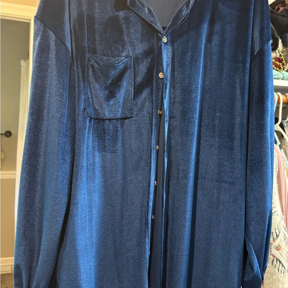 Elegant Blue Velvet Button-Up Shirt